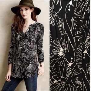 Anthropologie MAEVE  Bird Print Pintuck‎ Tunic Black & White Blouse Sz 4 #33